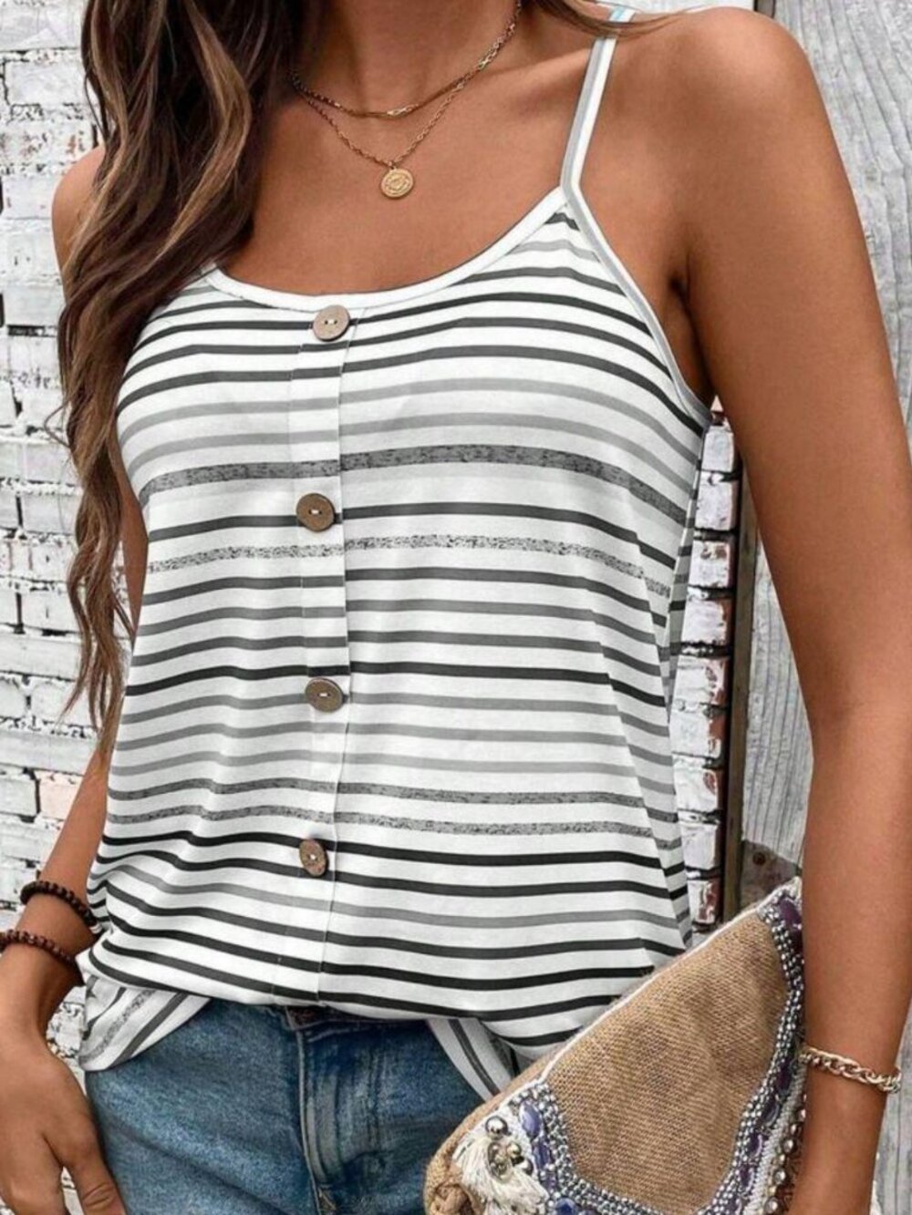 SHEIN Large Gray White Striped Knitted Tank Top Faux Button Ribbed Camisole